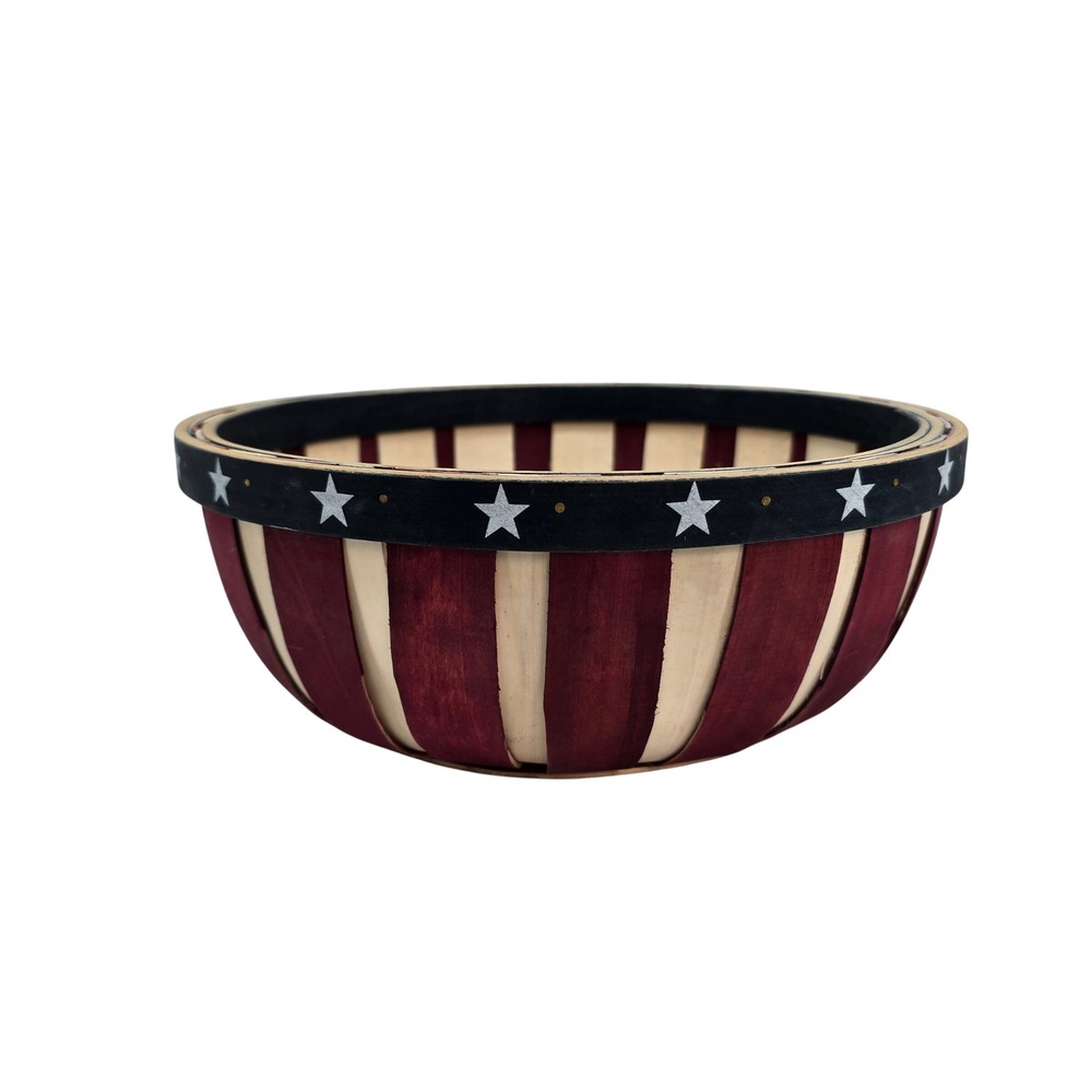 Americana Wooden Slat Basket Bowl Patriotic Stars and Stripes Primitive Decor